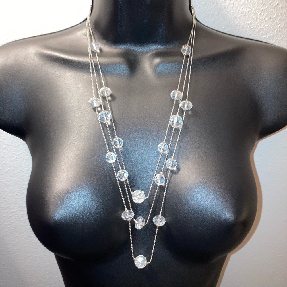 American Eagle Faceted Crystal Silver Long Layered Necklace Statement Jewelry - Picture 7 of 15